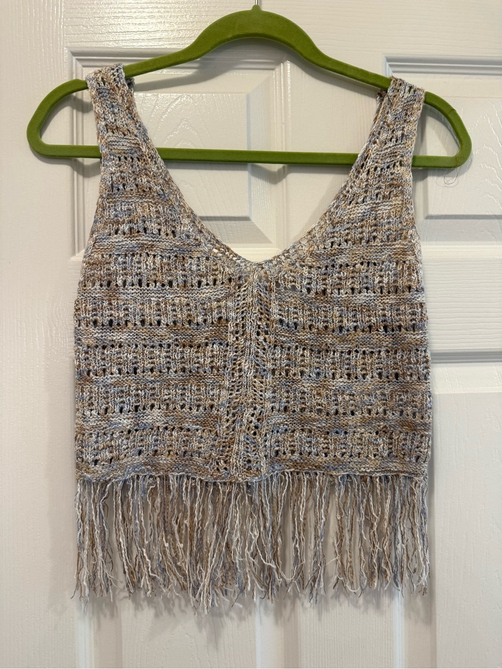 Crochet Fringe Tank Top in Beige and Blue